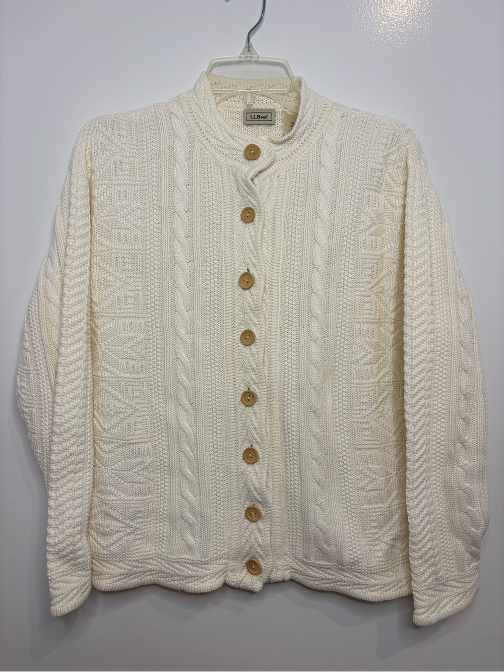 L.L. Bean Vintage Cable Knit Button Up Cardigan Sweater 100% Cotton Cream Women